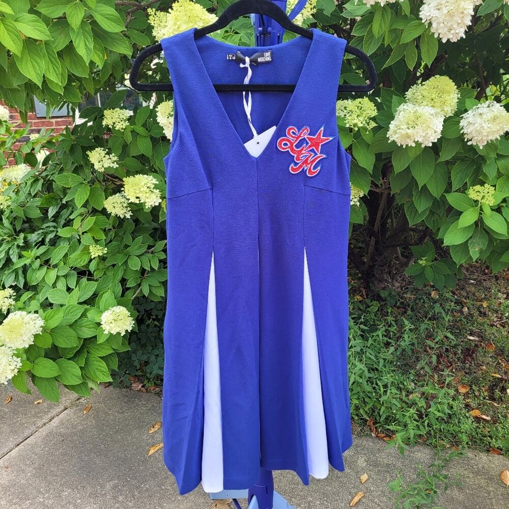 NWT Love Moschino Vneck Pleated Tank Dress Blue Sleeveless Preppy Playful size 4